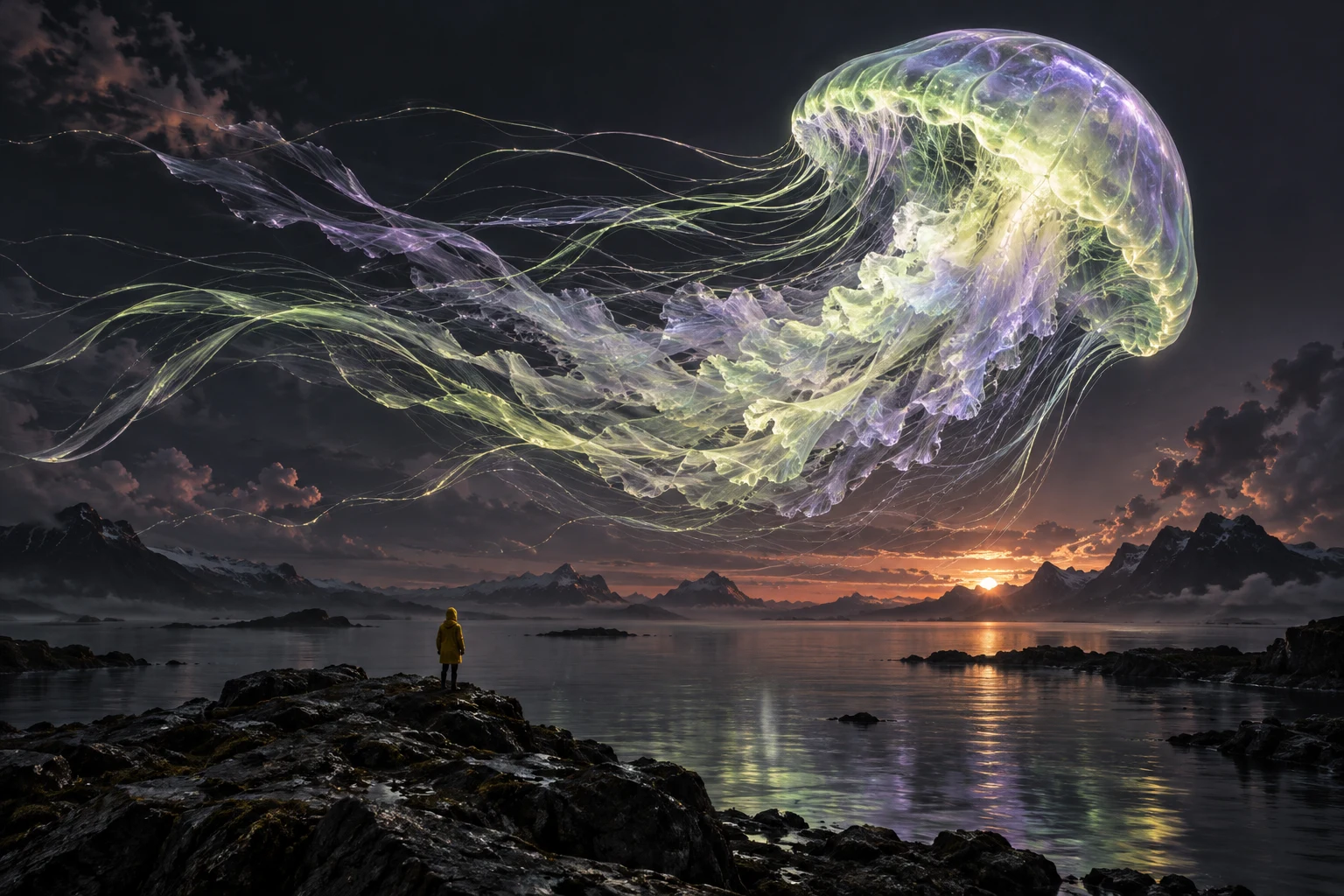 An imagined luminous jellyfish floating over a dark sea